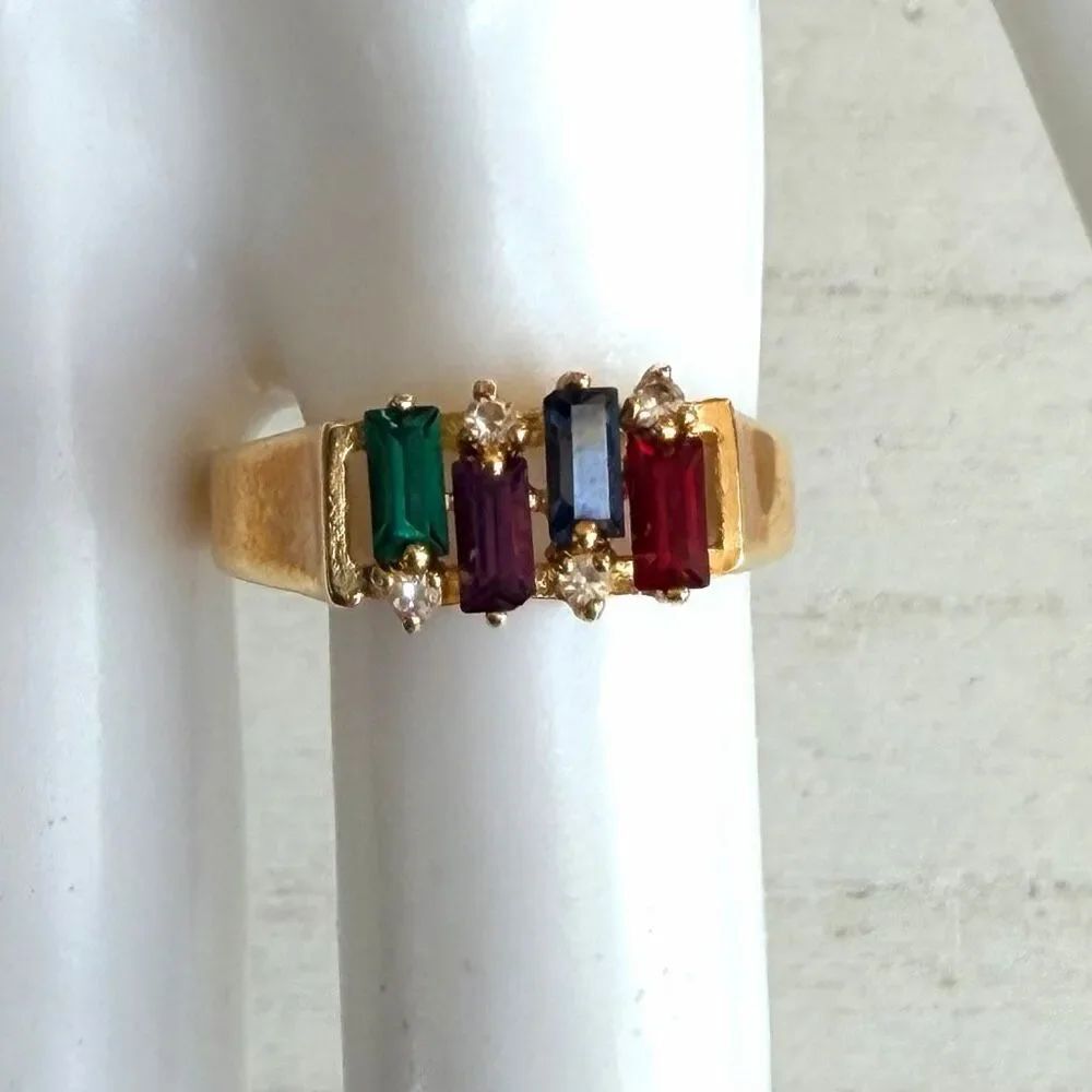 18K GER Multicolor Baguette Ring Gold Tone Rainbow Stone Band